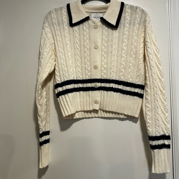 NWT Pink Rose Preppy Cream & Navy  Cable Knit Collared Cardigan. Ribbed Hem XS. - Picture 7 of 15